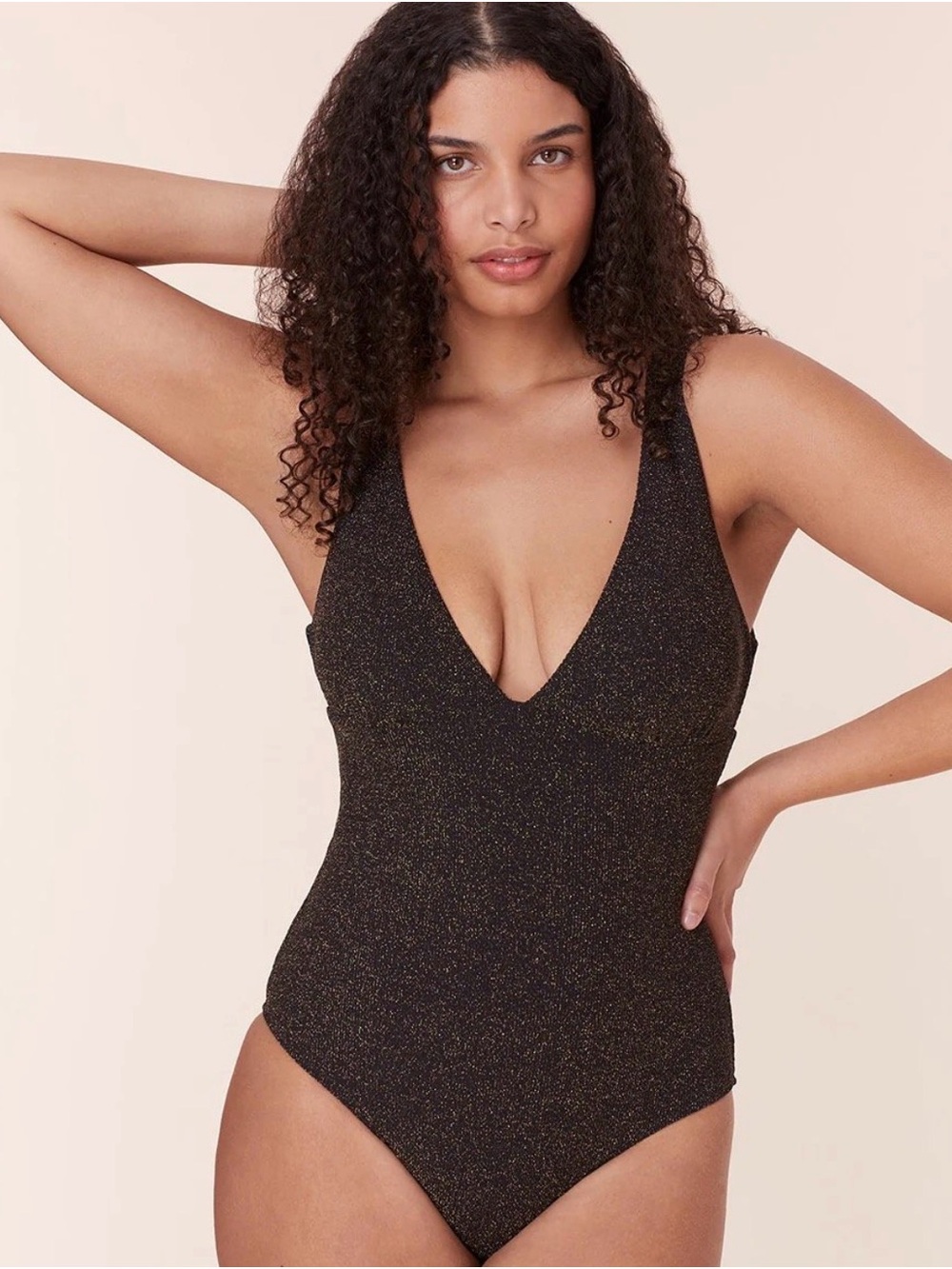 NWT Andie Augustine One Piece Swimsuit Black Gold Metallic Glitter LT Large Tall